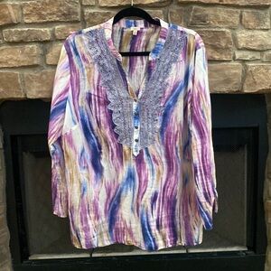 Reba Woman purple, blue and white top, with grey lattice. 2X